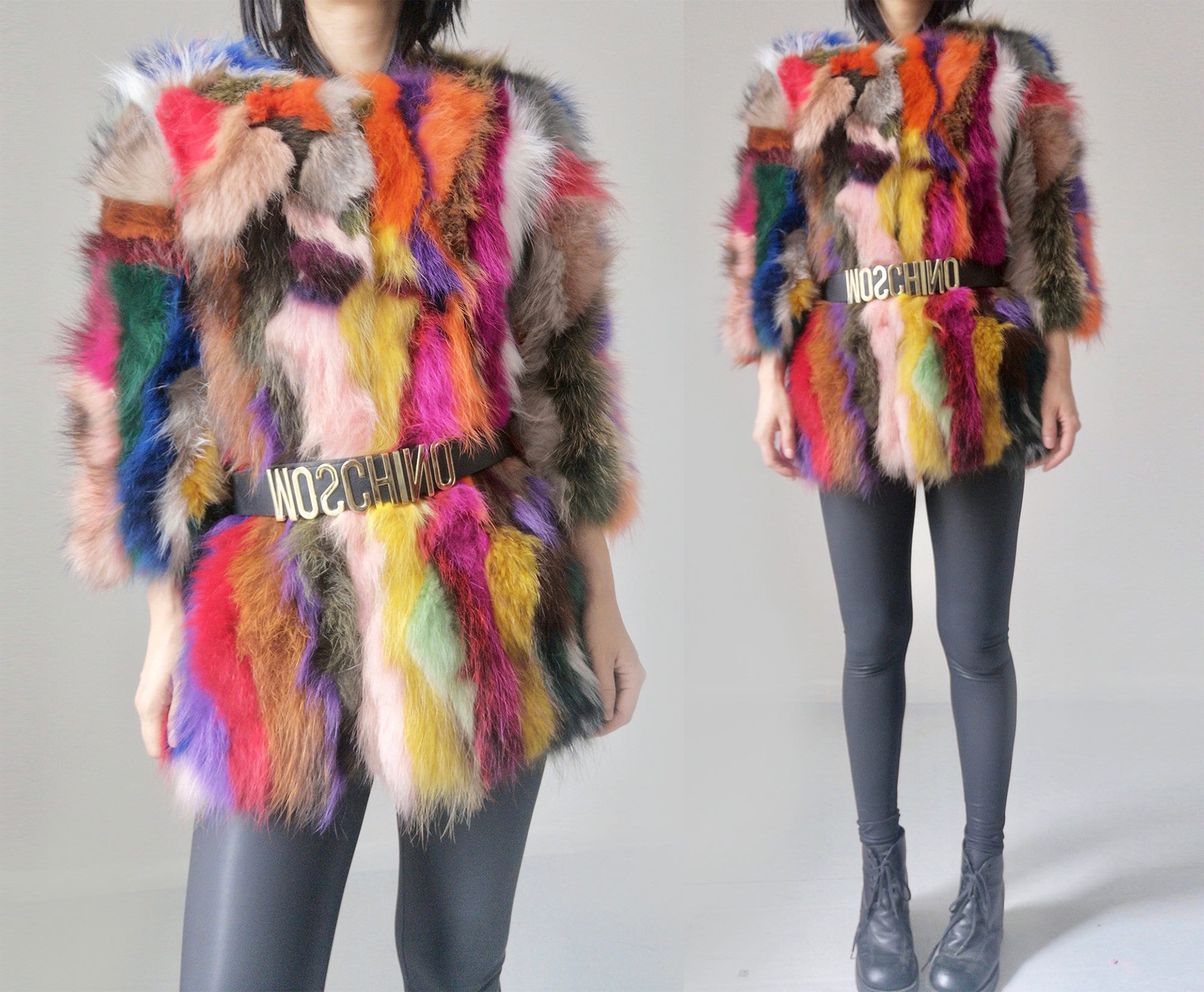 ジャケット・アウター CRUCIFIED FUR COAT Colorful Patched Patchwork Racoon Fur Novelty Oversize Mid