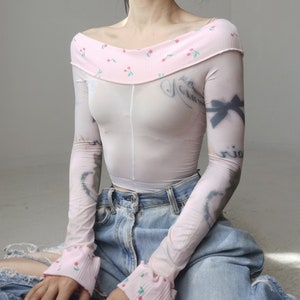 digital artsy Y2K fairy sheer bare shoulder long sleeve pastel see through knit crop rococo tee white mesh art print top Y2k pixie bodycon