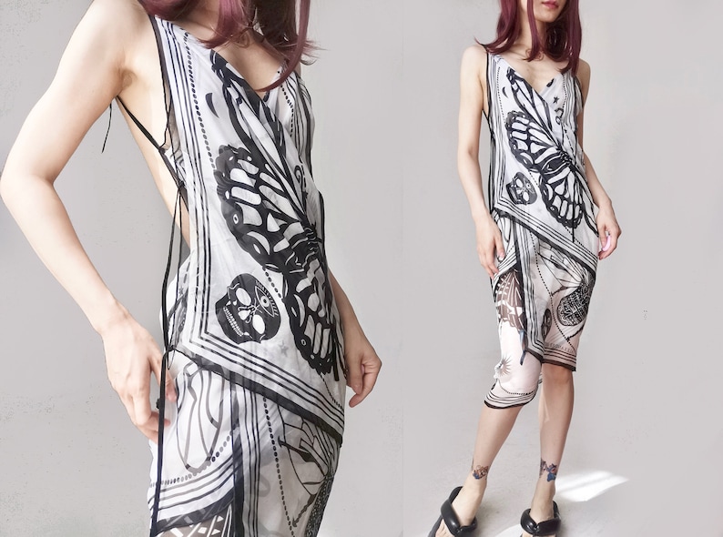 Alexander Mcqueen silk scarf remade dress goth maxi flowy see through wrap skull witch digital print black sheer tie up backless bikini slip image 4