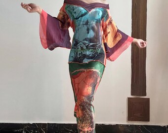 Jean Paul gaultier runway birth of venus print kimono mesh V neck dress Sz L