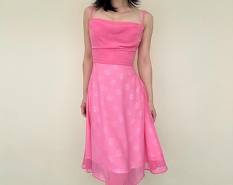 Silk peach pink chemise light sheer spaghetti strap swing knee mid length cami dress slim beach summer gauze cleavage polka dot french style
