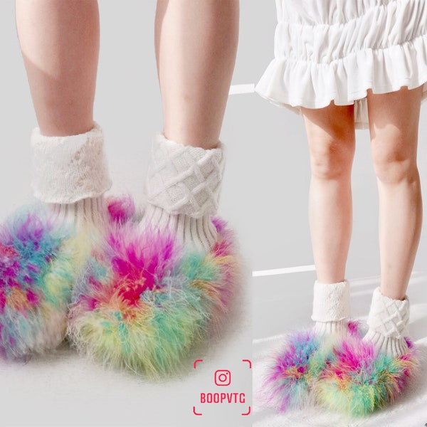 Ostrich fur fuzzy rainbow fluffy colorful novelty slipper slip on platform shoes winter deadstock slide on cyber goth electric