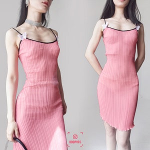 pink pleated slinky spaghetti slip dress mini bodycon ruffle butterfly embroidered slim clingy cami frill edge spicy 90s mod club kids peach