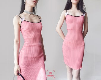 pink pleated slinky spaghetti slip dress mini bodycon ruffle butterfly embroidered slim clingy cami frill edge spicy 90s mod club kids peach