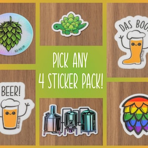 Op de afbeelding: Een set van 4 stickers met verschillende bierthema-ontwerpen. De stickers bevatten een groene hop, een groene schildpad, een bierlaars, een bierglas, een bierbrouwinstallatie en een regenbooghop.
