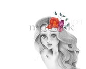 Decoración Bohemia, Fantasy Art Print, Ilustración lápiz, cinta Floral, Boho arte, arte de la pared, acuarela y grafito
