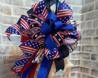 Red White and Blue PATRIOTIC BOW,4th of July Party Decorations, Patriotic Party decor,Lantern bow, USA Bow,Mailbox Patriotic bow.