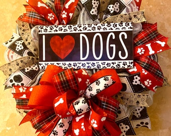 Dog Wreath for Front Door,Pet Lover Wreath,Dog Love Sign,Dog Paw Print Decor,Pet Gift,Dog Wreath,Red and Black wreath,Storm/ScreenDoorDecor