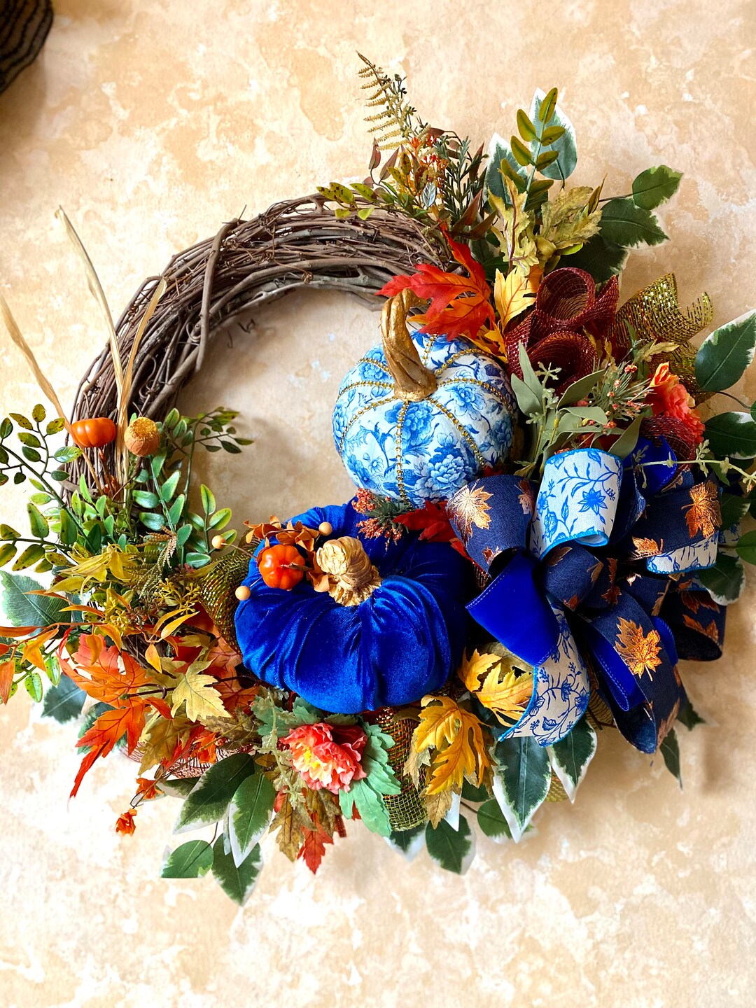 Blue Velvet Pumpkin Fall Wreath for Front Door,glam Velvet Pumpkin ...