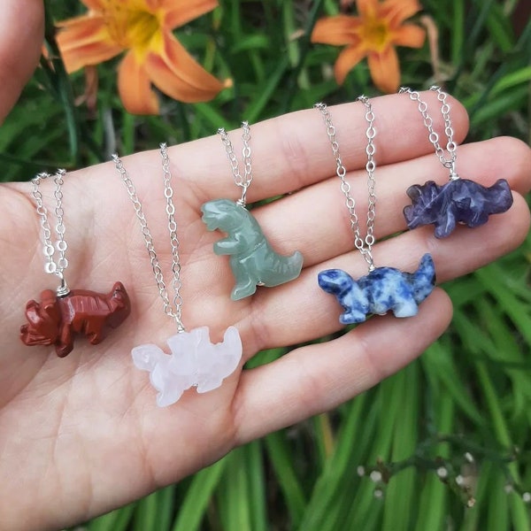 Crystal Dinosaur Necklace - Carved Stone Dinosaur Crystal Necklace - Dinosaur Jewelry - T Rex Necklace - Jurassic Animal - Dinosaur Gift