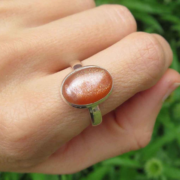 Sunstone Ring Sterling Silver Size 9.25 - Sunstone Jewelry - Orange Stone Ring - Leo Gift - Sterling Silver Crystal Ring - Leo Stone