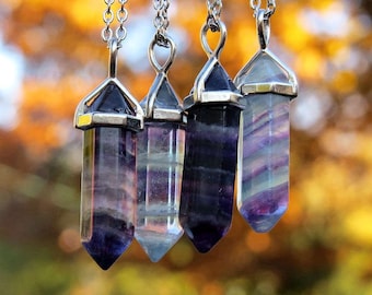 Rainbow Fluorite Necklace - Crystal Point Necklace - Rainbow Fluorite Jewelry - Fluorite Stone Necklace - Fluorite Crystal Necklace Silver