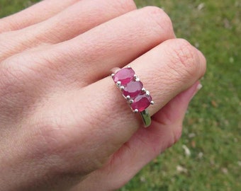 Pink Ruby Ring Sterling Silver Size 7.25 - 3 Stone Ring - Ruby Crystal Ring - July Birthstone Ring - Ruby Jewelry