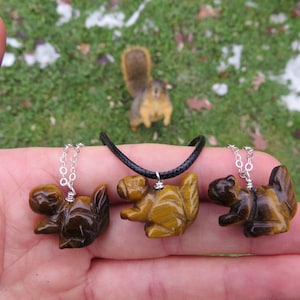 Crystal Squirrel Necklace Sterling Silver - Tigers Eye Stone Squirrel Jewelry - Brown Squirrel Gift - Mini Carved Crystal Animal Necklace