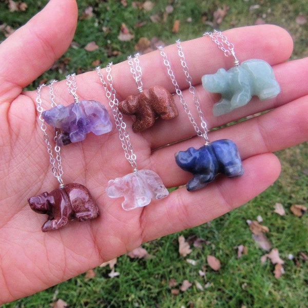Mini Crystal Bear Necklace Sterling Silver - Carved Stone Bear Crystal Animal Necklace - Bear Gift - Bear Jewelry - Spirit Animal