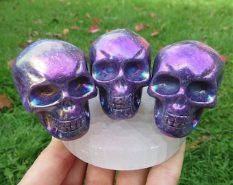 Purple Aura Quartz Crystal Skull Carving 1.75" - Carved Stone Skull - Rainbow Aura Crystal - Skull Gift - Halloween Crystal Skull Decor