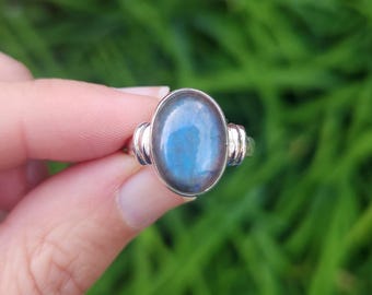 Blue Labradorite Crystal Ring Sterling Silver Size 7.5 - Labradorite Jewelry - Protection Stone