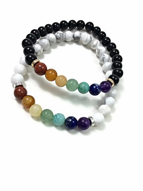 7 Chakra Bracelet White Black Beaded Chakra Stone Bracelet Chakra