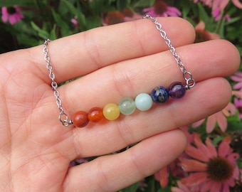 7 Chakra Crystal Necklace - Beaded Chakra Stone Necklace - Rainbow Crystal Bar Necklace - Healing Crystal Chakra Necklace - Chakra Jewelry