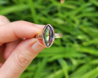 Mystic Topaz Ring Sterling Silver Size 9.5 Marquise Cut - Rainbow Topaz Jewelry - Rainbow Stone