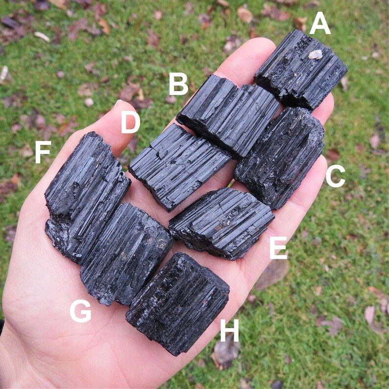 Puede incluir: Una colecci&oacute;n de cristales de turmalina negra en bruto, cada uno con una textura estriada. Los cristales se sostienen en una mano sobre un fondo de hierba verde. Los cristales var&iacute;an en tama&ntilde;o y forma, mostrando su forma natural.