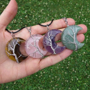 Tree of Life Crystal Moon Necklace - Wire Wrapped Stone Tree Necklace - Crescent Moon Jewelry - Spiritual Necklace