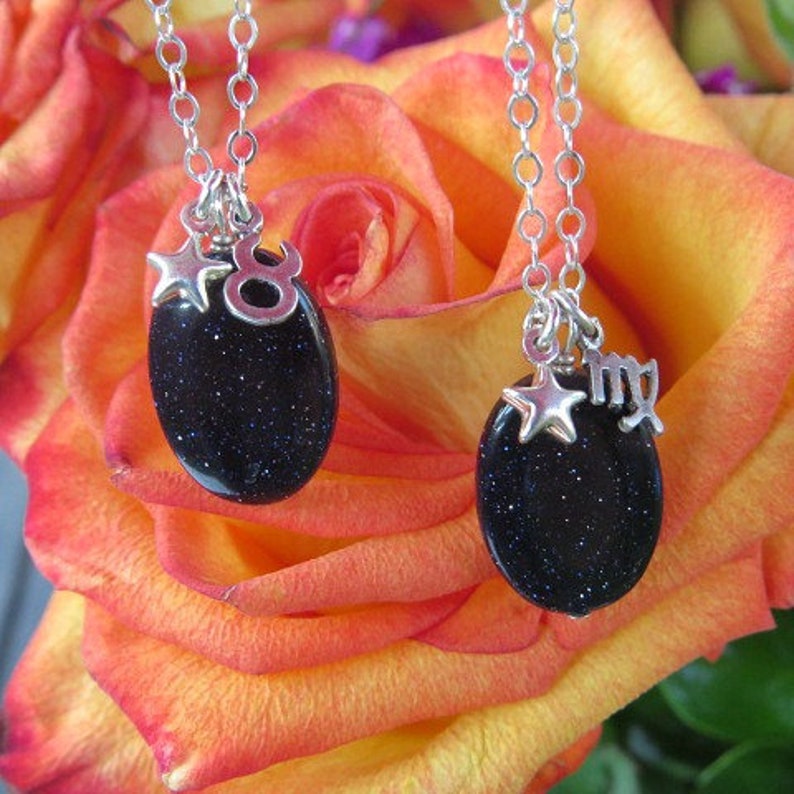 Crystal Zodiac Necklace Sterling Silver Blue Goldstone Etsy