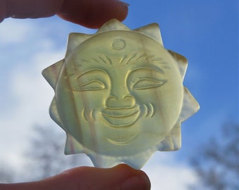 Yellow Fluorite Crystal Sun Carving 2" - Carved Stone Sun Face - Fluorite Stone - Celestial Decor - Sun Gift for Leo