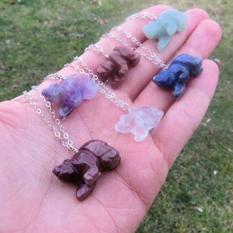Mini Crystal Bear Necklace Sterling Silver Carved Stone Bear Etsy
