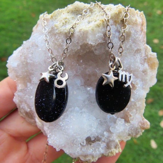 Crystal Zodiac Necklace Sterling Silver Blue Goldstone Etsy