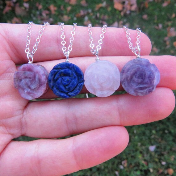 Carved Crystal Flower Necklace Rose 