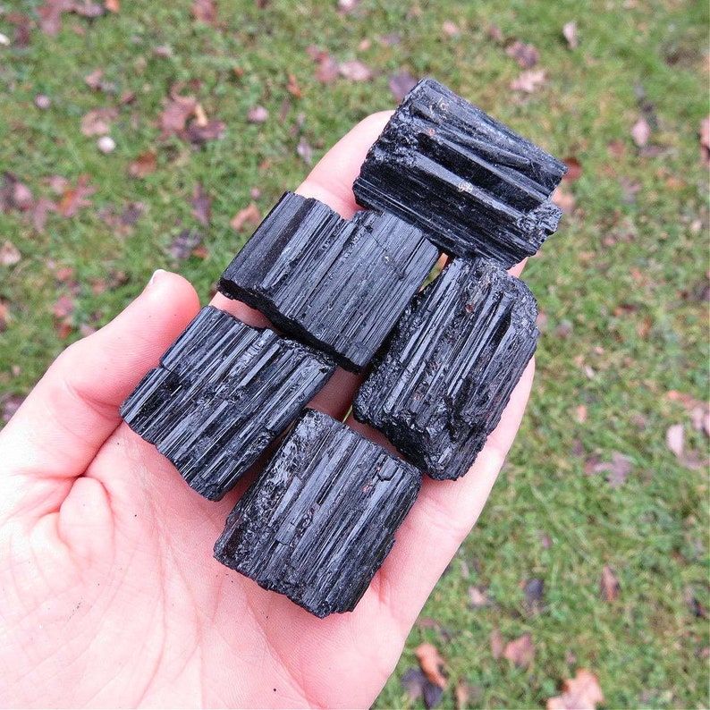 Puede incluir: Una colecci&oacute;n de cristales de turmalina negra en bruto. Los cristales se sostienen en una mano, mostrando sus superficies rugosas y texturizadas y su color oscuro natural. El fondo est&aacute; borroso, con hierba verde y hojas ca&iacute;das.