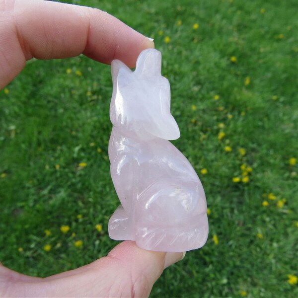 Rose Quartz Crystal Wolf Carving 2.25" - Pink Crystal Animal Figurine - Stone Wolf Gift - Carved Crystal Coyote Statue - Howling Wolf Decor