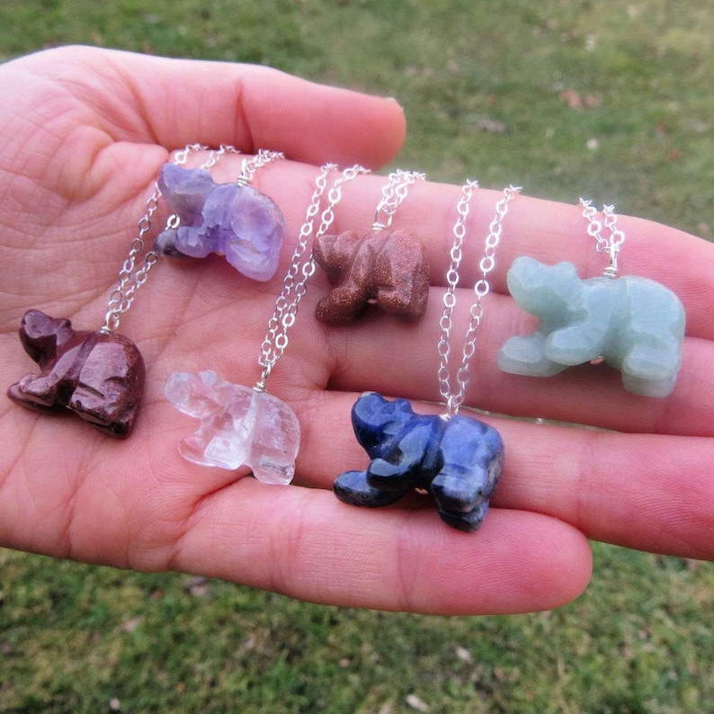 Mini Crystal Bear Necklace Sterling Silver Carved Stone Bear Etsy
