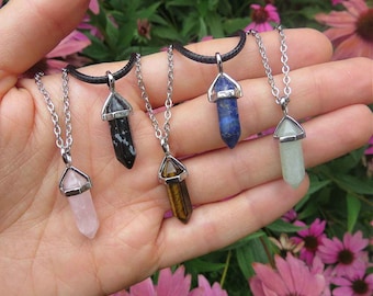 Mini Crystal Point Necklace - Small Stone Necklace - Black Cord Crystal Necklace - Lapis Lazuli, Tigers Eye, Rose Quartz, Obsidian