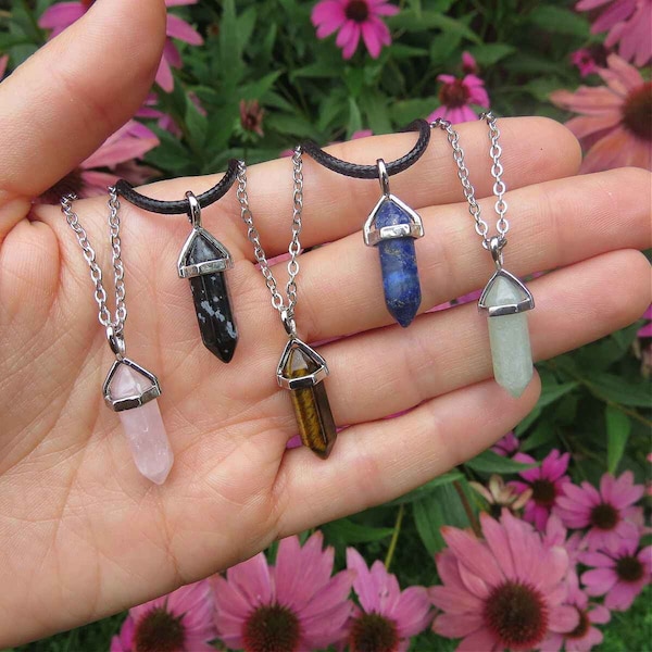 Mini Crystal Point Necklace - Small Stone Necklace - Black Cord Crystal Necklace - Lapis Lazuli, Tigers Eye, Rose Quartz, Obsidian