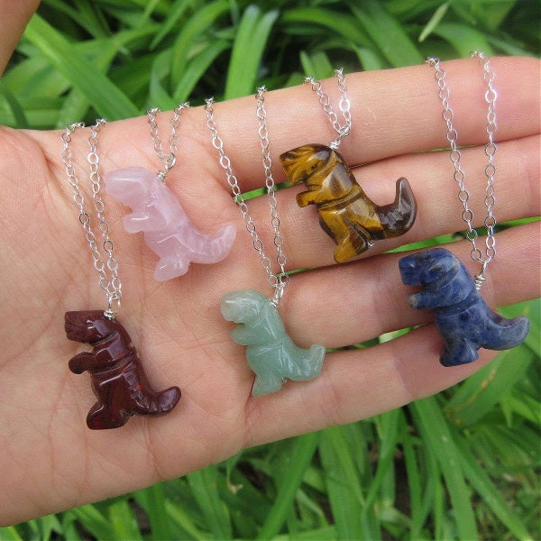 Carved Stone T-Rex Necklace - Crystal Dinosaur Necklace Sterling Silver - Dinosaur Jewelry - T-Rex Dinosaur Gift - Jurassic Animal Necklace