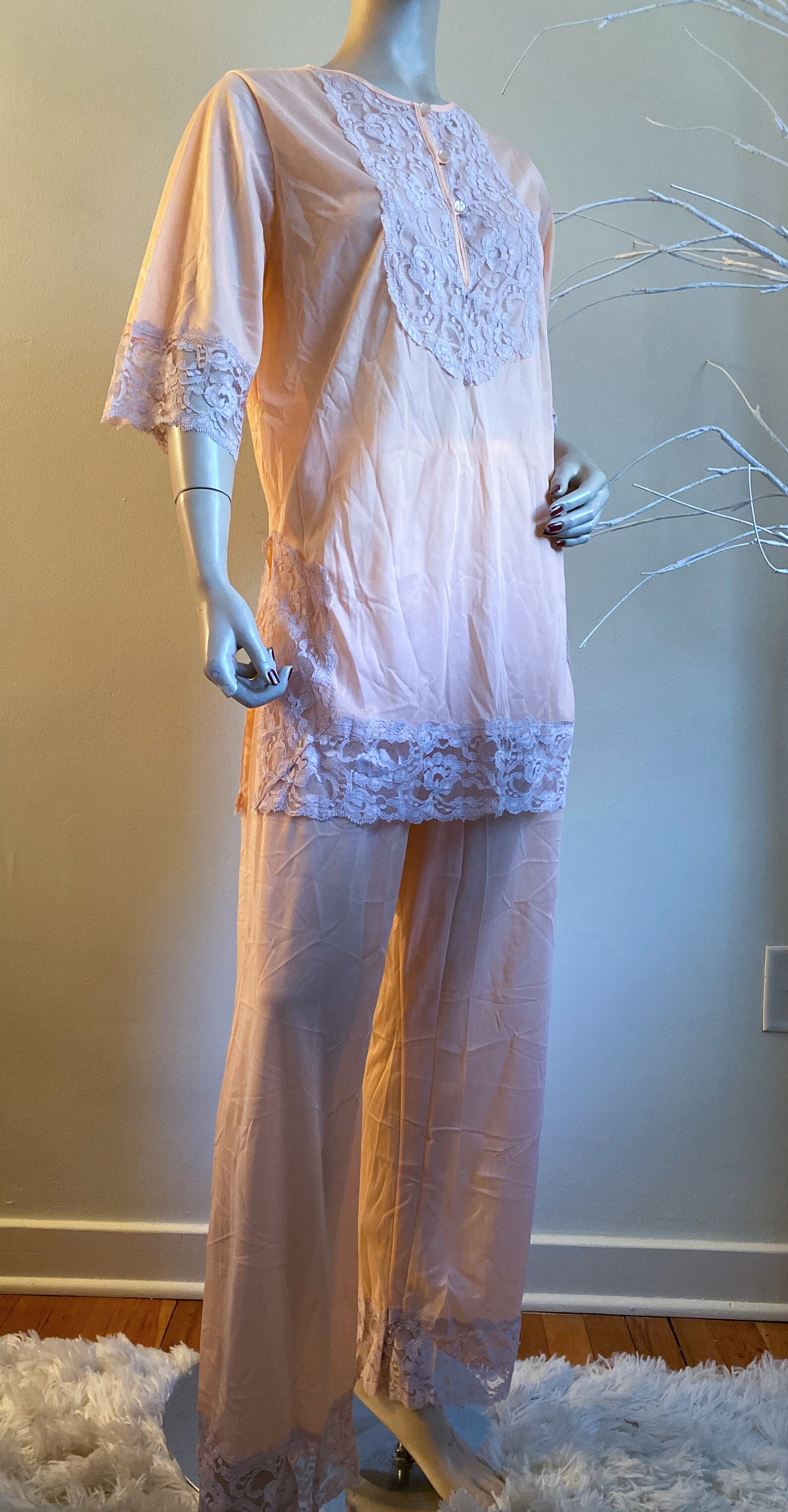 Vintage Nylon Lace Pajama Set Tangerine S Etsy