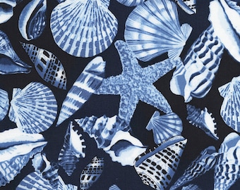 23/" Nautical Fabric Panel Timeless Treasures YARD Blue Seashell Blocks White