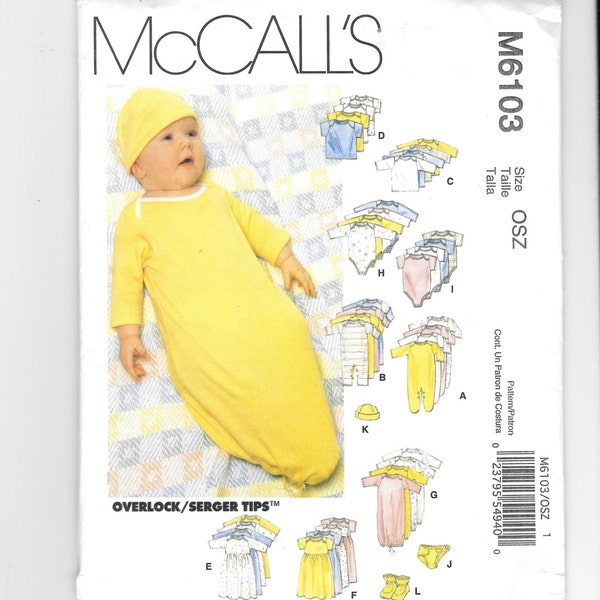 McCall's Sewing Pattern M6103, Infants' and Preemie Layette, Sewing Patterns for Stretch Knits, Preemie Sewing Patterns,  UNCUT, NEW, Romper