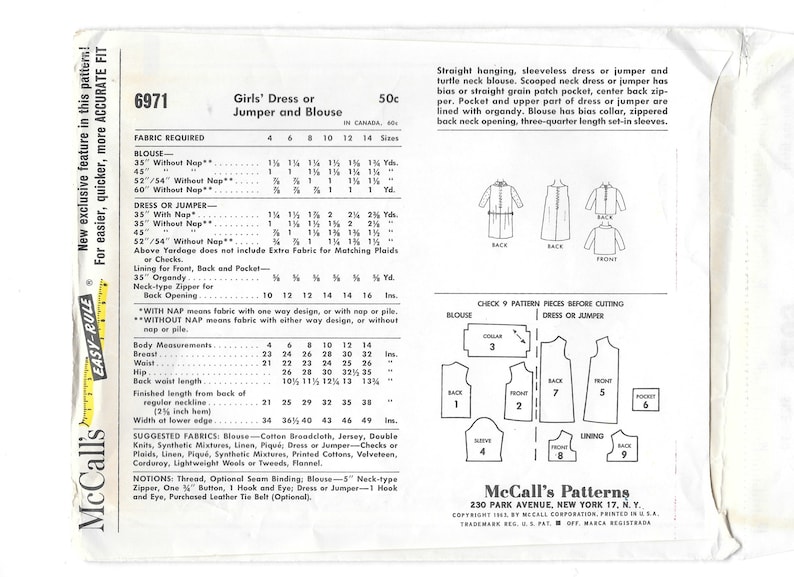 Size 10 1960s McCall/'s Pattern Girl/'s Dress or Jumper and Blouse Uncut Sewing Pattern New Pattern by Helen Lee McCall/'s 6971