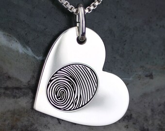 Premium Side Heart Fingerprint Necklace, Sterling Silver, Personalized Memorial Jewelry, Memorial Gift, Engraved Necklace, Fully Customized