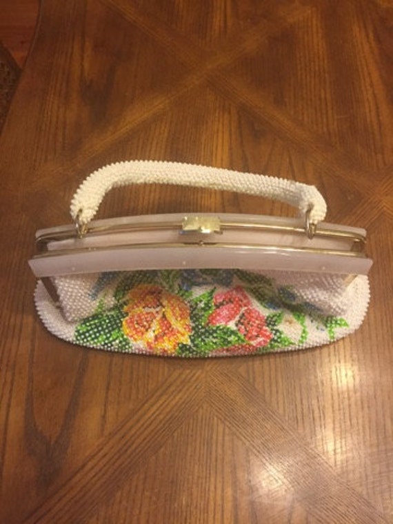 Beautiful 1950's White and Clear Beaded Handbag w… - image 3