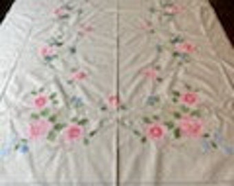 Vintage Magnificent White Cotton Tablecloth With Colourful Flower Appliques And Hand Embroidery.