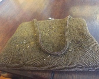 1960's Copper Beaded Handbag With Elaborate Flower Pattern.