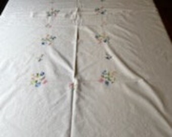 Large Vintage White Cotton Tablecloth Decorated With Colourful Hand-Embroidered Flowers.