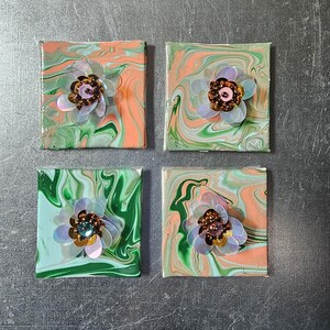 Hand Painted Magnet Set: Fluid Art Canvas with 3D Flowers