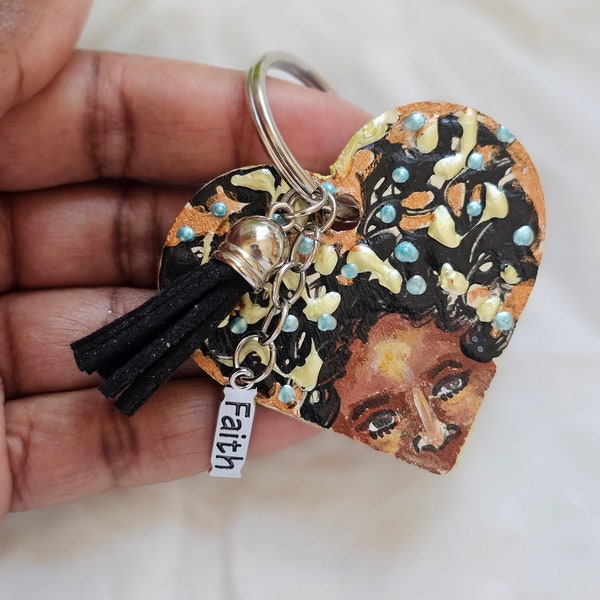 Black girl keychain, hand painted keychain, black woman keyring, black female gifts, unique hand made accessories, afrocentric gifts for her