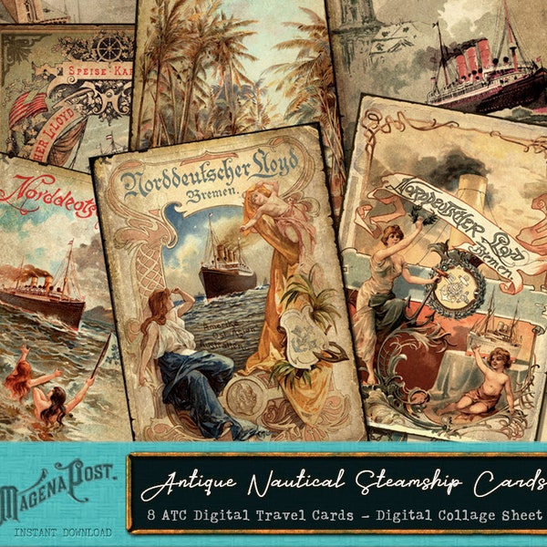 Antique Nautical Voyage Travel Cards 8 Digital 1800s Steamship Advertising Printable Collage Sheet ATC Greeting Cards Gift Tags Scrapbooking