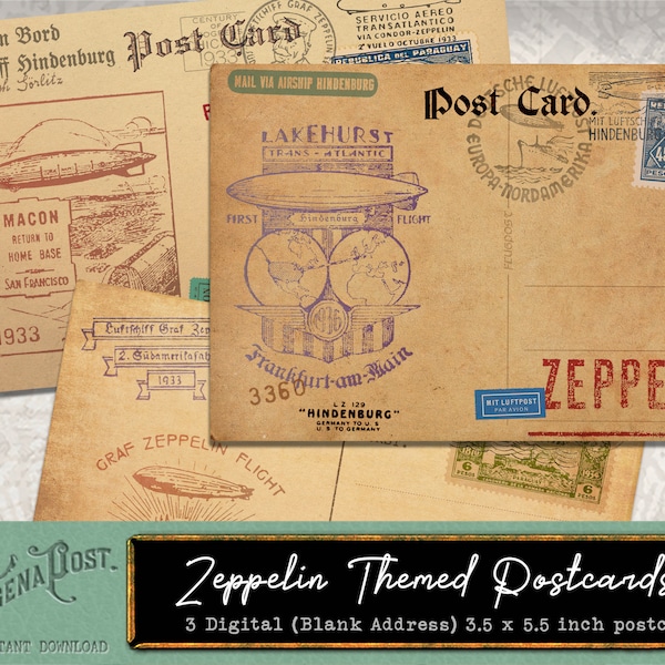 3 Vintage Zeppelin Themed / Postmarked Antique Postcards with Blank Address Field Instant 8.5 x 11.5 digital paper download